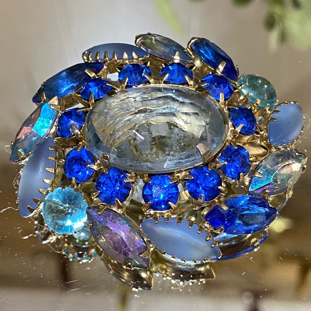 Vintage Estate Multi Layered Rhinestone Brooch Blue Glass Crystal Open Backs